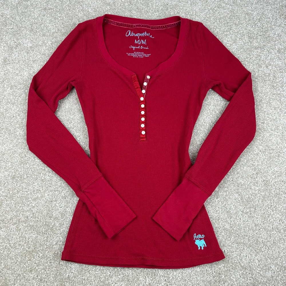 Aeropostale Henley Top Medium Red Waffle Knit Thermal Long Sleeve Y2K Indie Slim